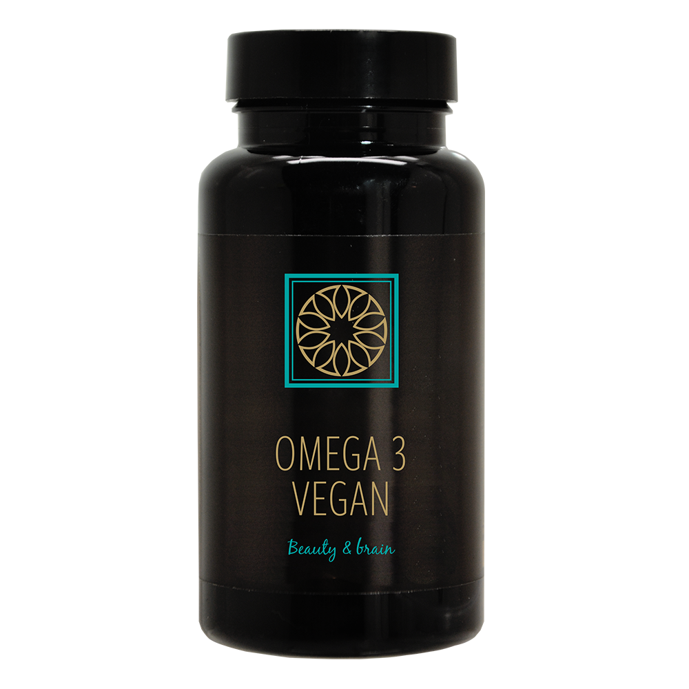 Een zwarte fles met de tekst omega 3 vegan erop