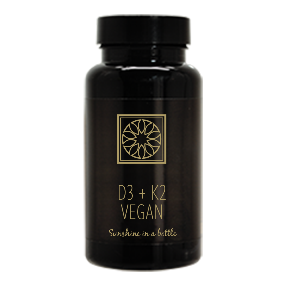 Een zwarte fles d3 + k2 veganistische vitamines