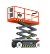 Plateforme élévatrice à ciseaux orange avec base noire et plateforme surélevée.