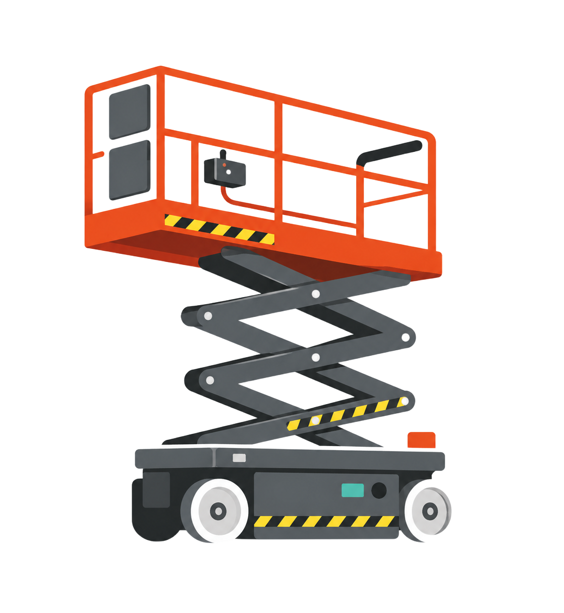 Orange scissor lift platform raised on black base