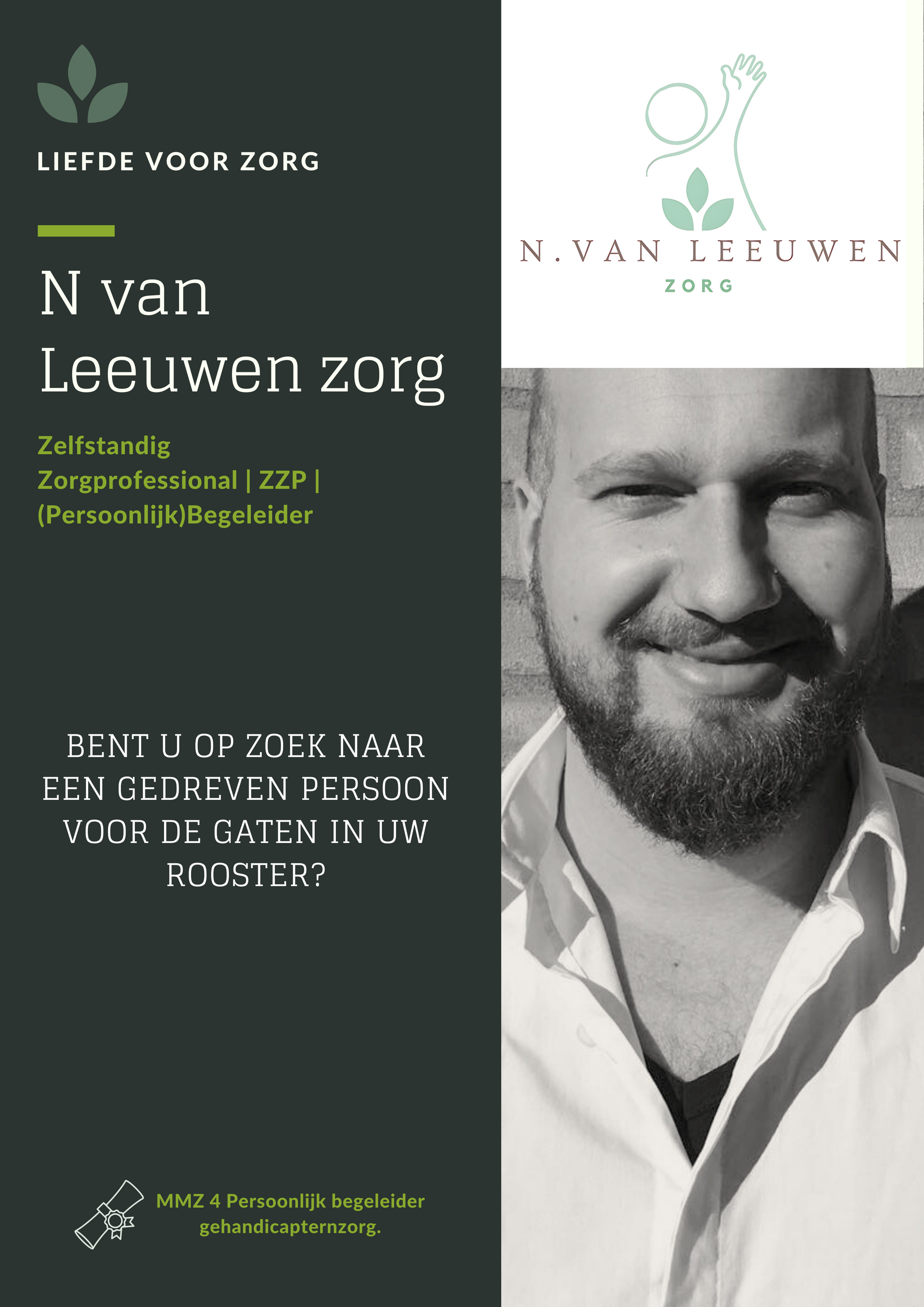 Brochure: Man met een baard, die zorgdiensten promoot. Tekst bevat