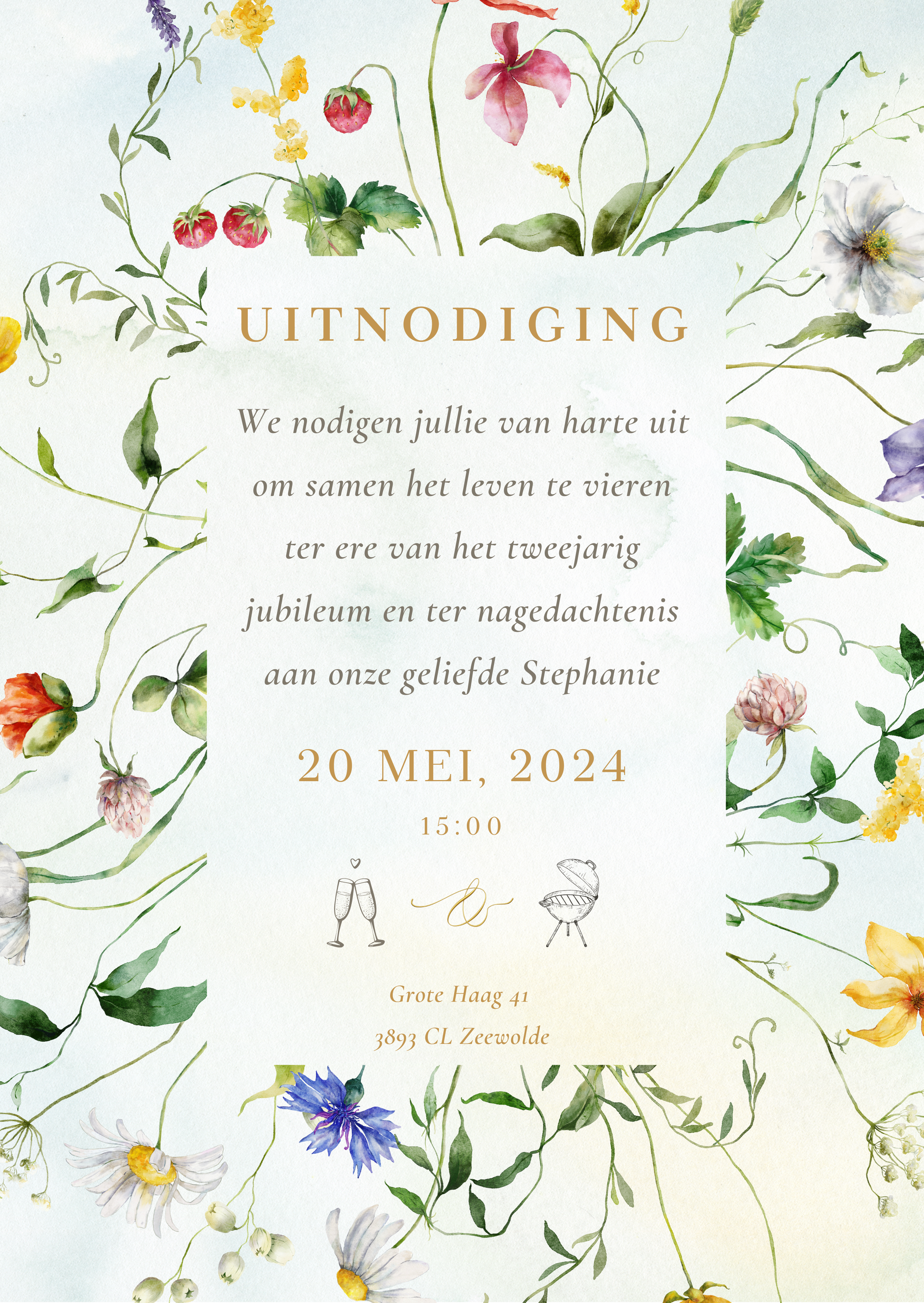 Bloemenuitnodiging in het Nederlands, ter aankondiging van een evenement op 20 mei 2024.