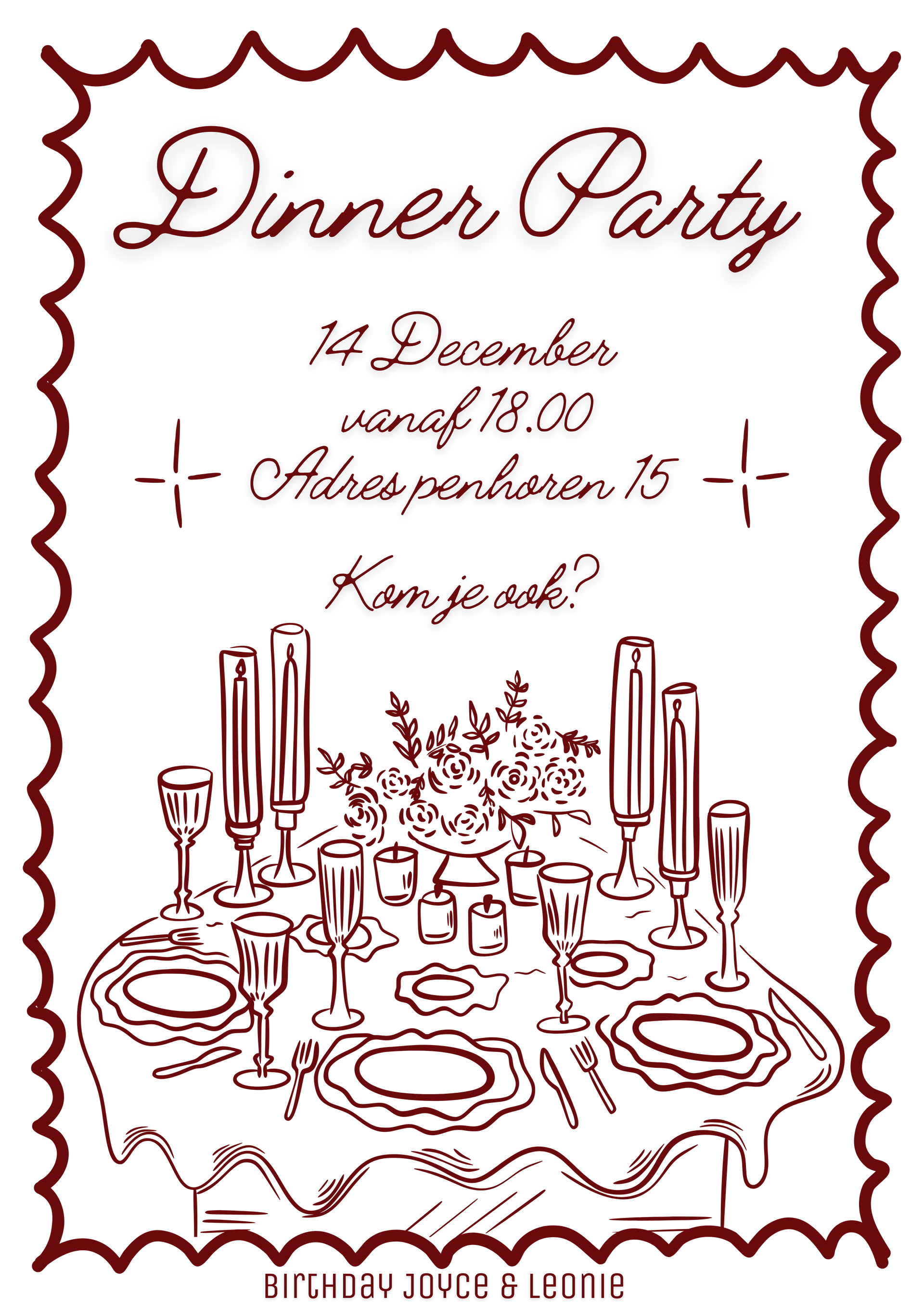 Uitnodiging voor een diner, met een schets van de tafelschikking. De tekst bevat de datum, tijd en het adres.