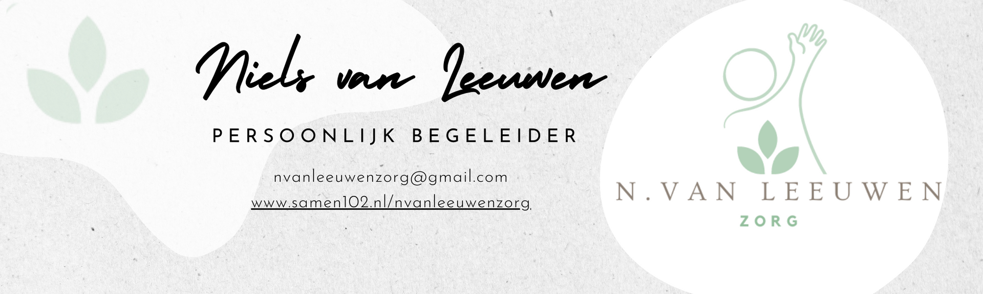 Logo voor N. van Leeuwen Zorg. Met tekst en groene bladeren op een witte achtergrond.