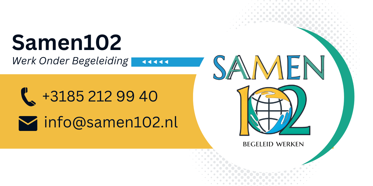 Logo voor Samen102: contactgegevens en bedrijfsnaam met een wereldbolpictogram. Groene, gele en blauwe kleuren.