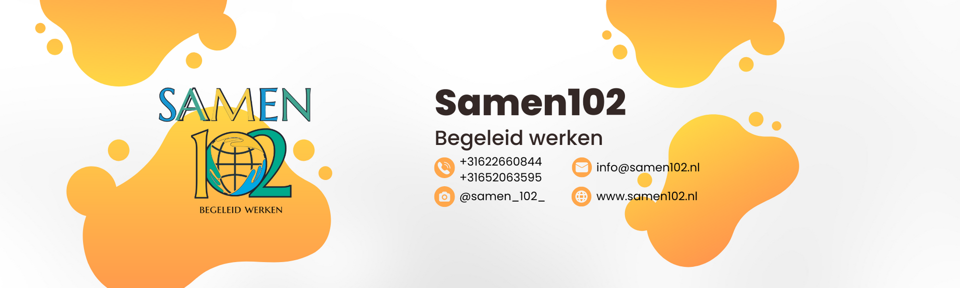 Het SAMEN 102-logo met contactgegevens, op een witte achtergrond met oranje abstracte vormen.