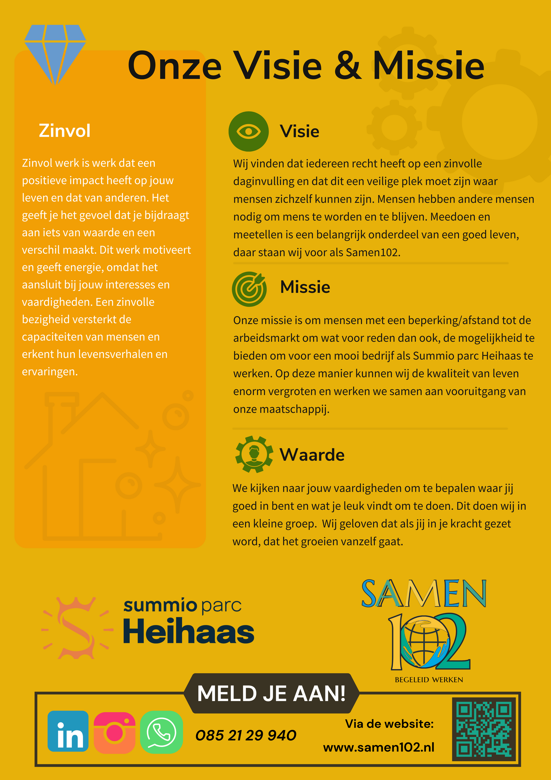 Poster over visie en missie, met tekst op een gele achtergrond en contactgegevens.