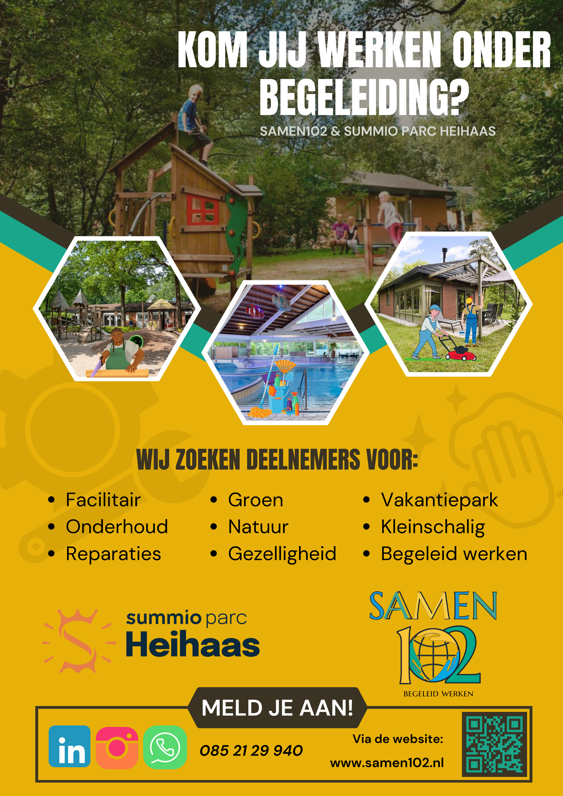 Poster voor zomerpark Heihaas: zoekt deelnemers voor diverse taken onder begeleiding, met afbeeldingen van parkscènes.