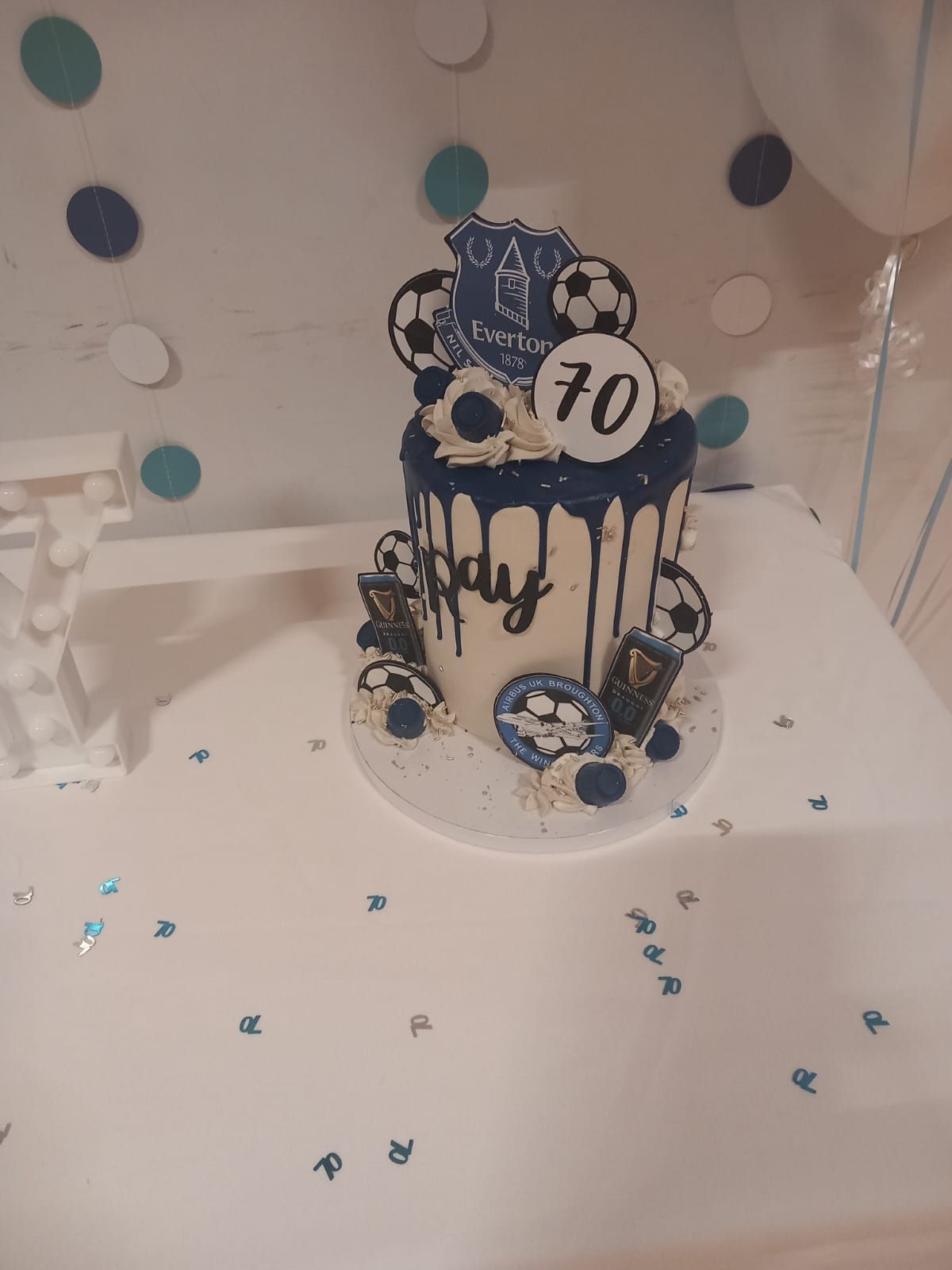 Birthday cake with blue drip, soccer ball decorations, and