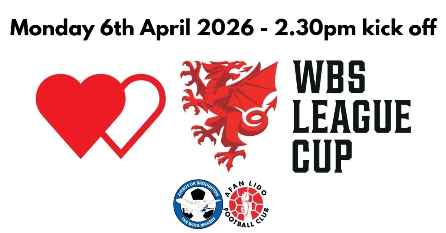 Event banner for the WBS League Cup match on Monday, April 6th, 2026, at 2:30 pm, featuring club logos and a heart icon.