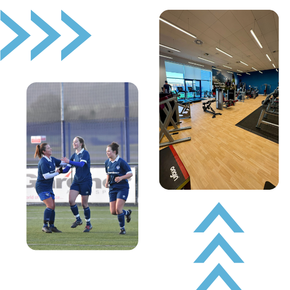 Soccer players celebrating on a field, and a well-equipped gym with exercise machines.