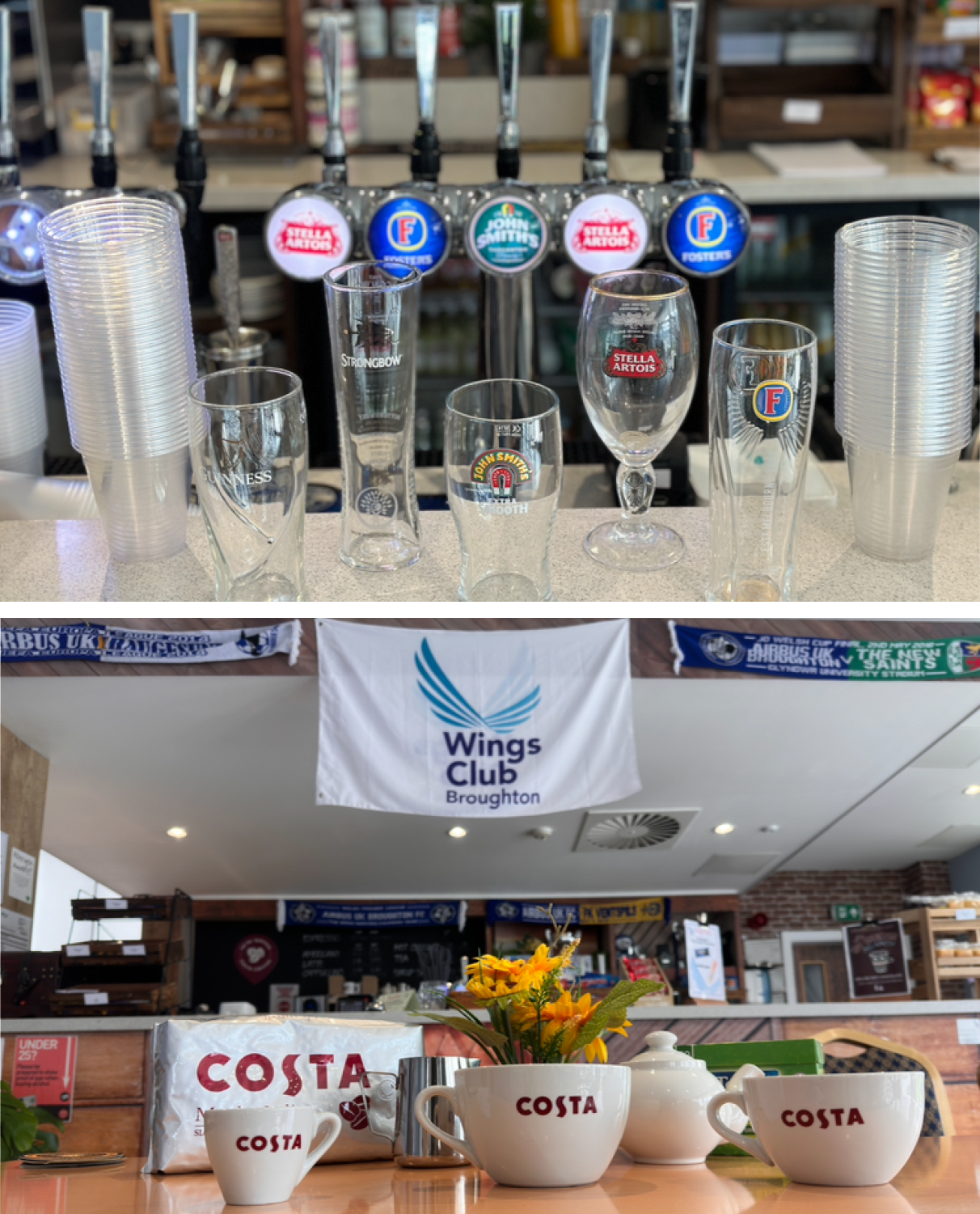 Top: Beer taps with various glasses. Bottom: Costa coffee cups on a bar.