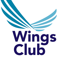 Wings Club logo: teal wings above navy text 