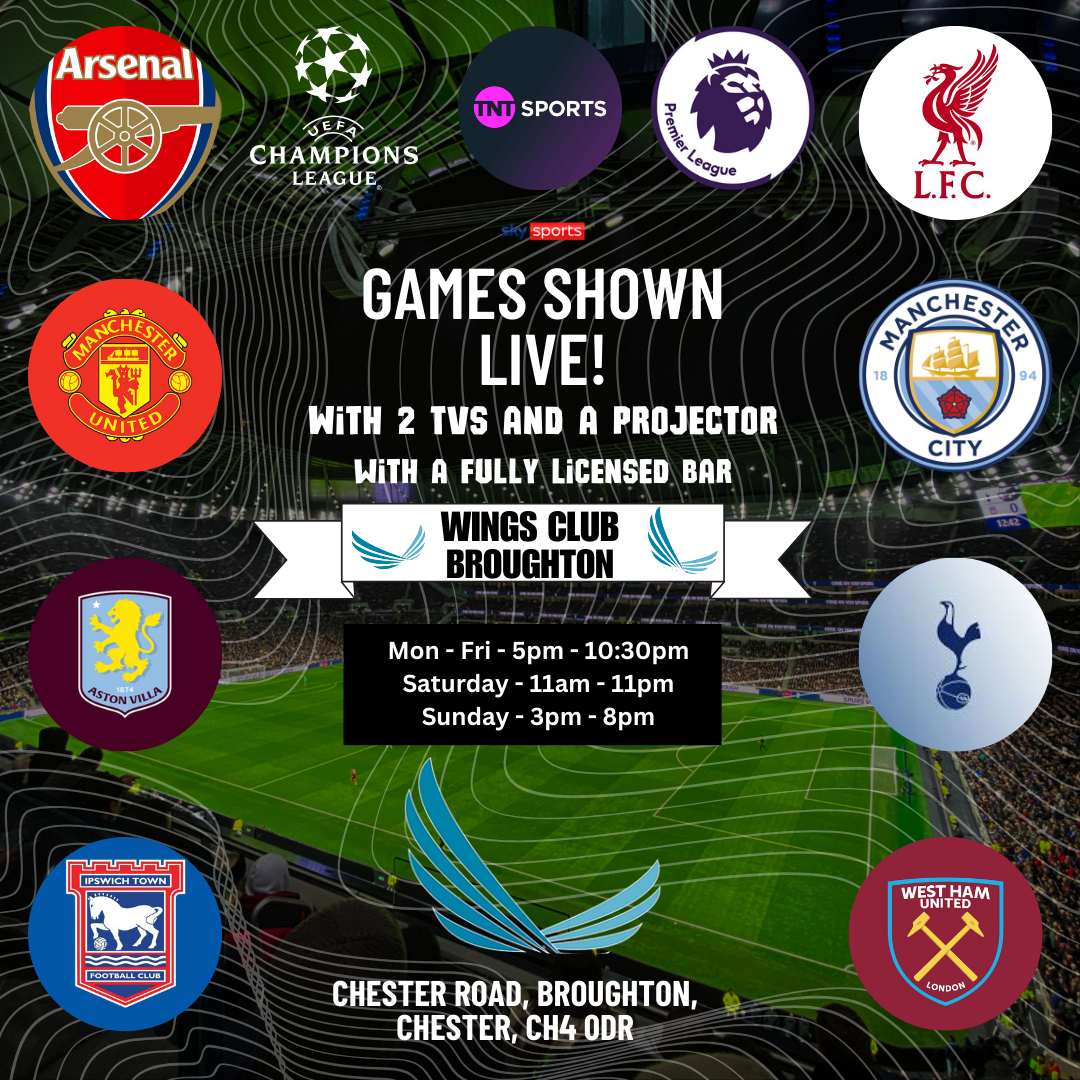 Advertisement for Wings Club Broughton showing live sports games on TV and projector, with a bar. Hours of operation listed.