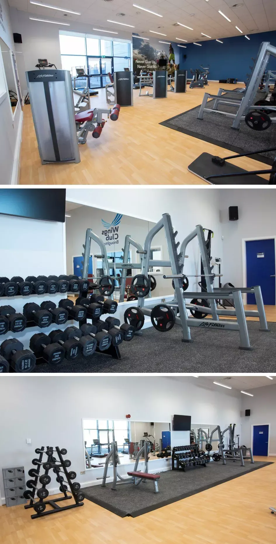 Gym interior with exercise equipment on wooden floors and dark gray mats.