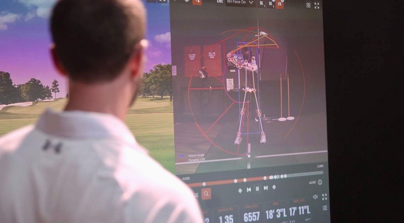 Person viewing a 3D motion-capture display of a golf swing on a large screen