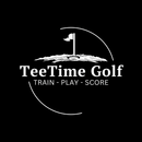 TeeTime Golf logo on black, with white golf flag, arc, and slogan “TRAIN - PLAY - SCORE”