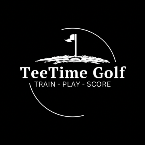 TeeTime Golf logo in white on black, with flagstick, golf ball arc, and &ldquo;TRAIN - PLAY - SCORE&rdquo; tagline