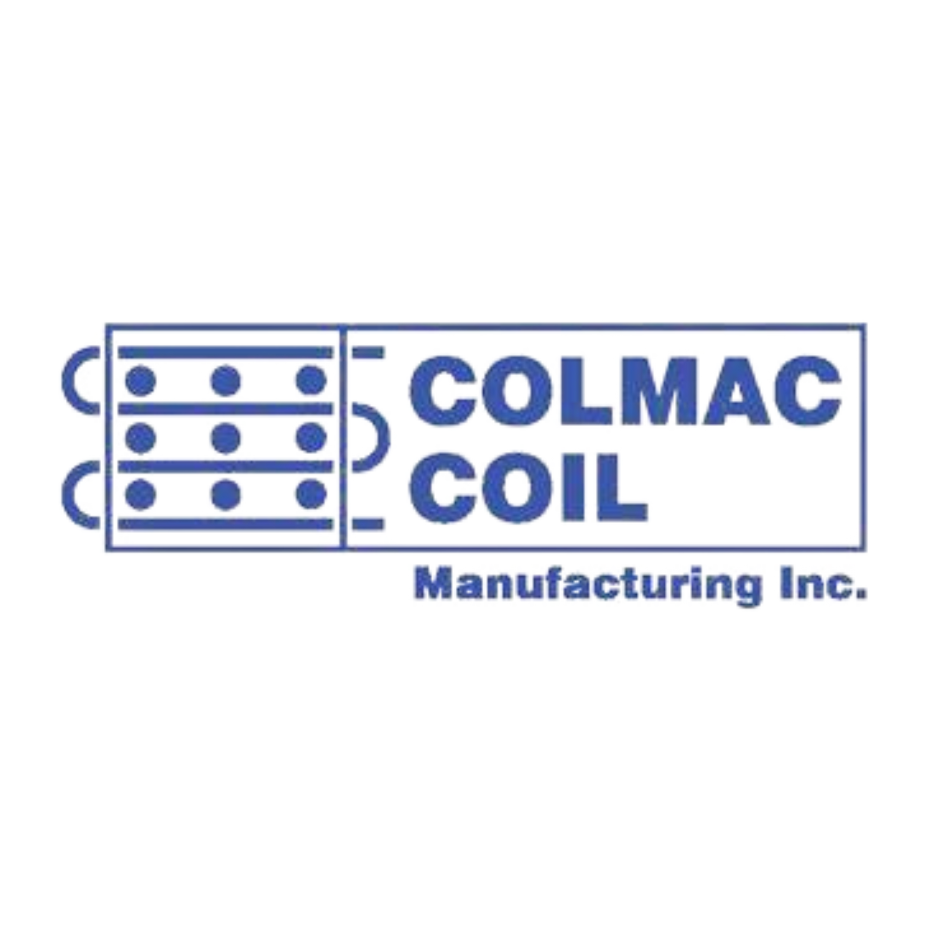 A blue and white logo for colmac coil manufacturing inc.