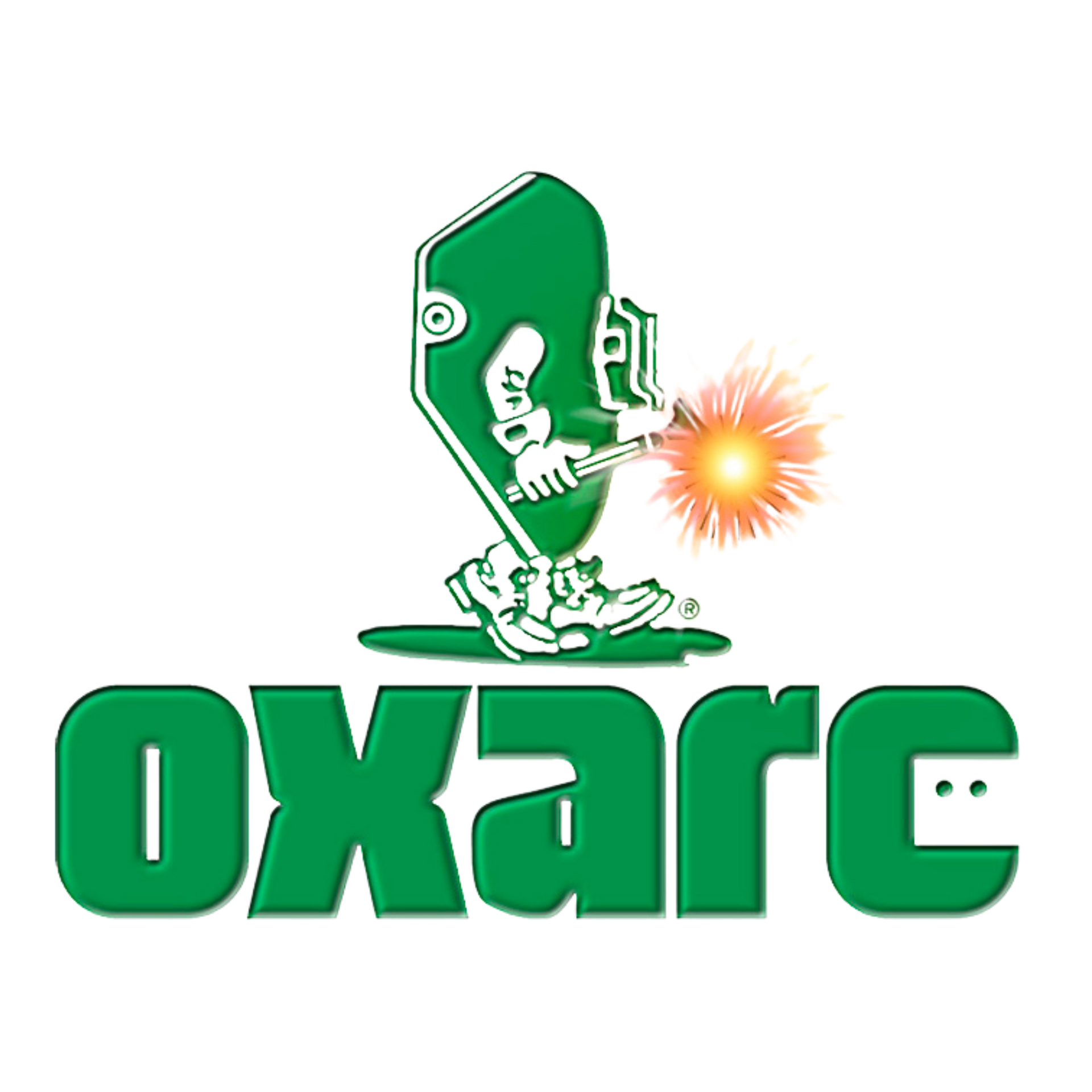 A green and white logo for oxarc with a man welding
