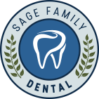The logo for sage family dental has a tooth in a circle with leaves around it.