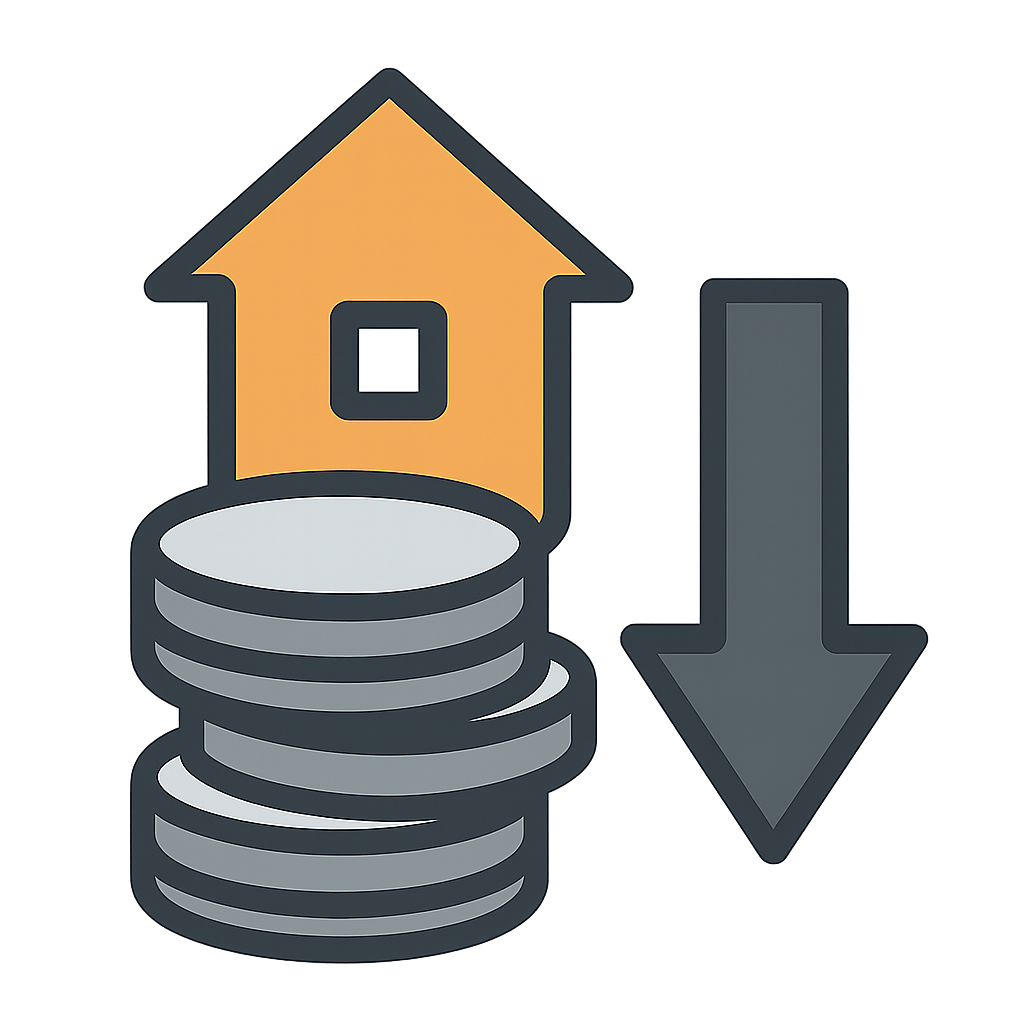 House with stacked coins and a downward arrow, representing decreasing house values.