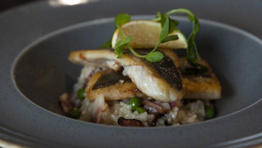 Plated gourmet fish dish with greens and grains in a dark bowl