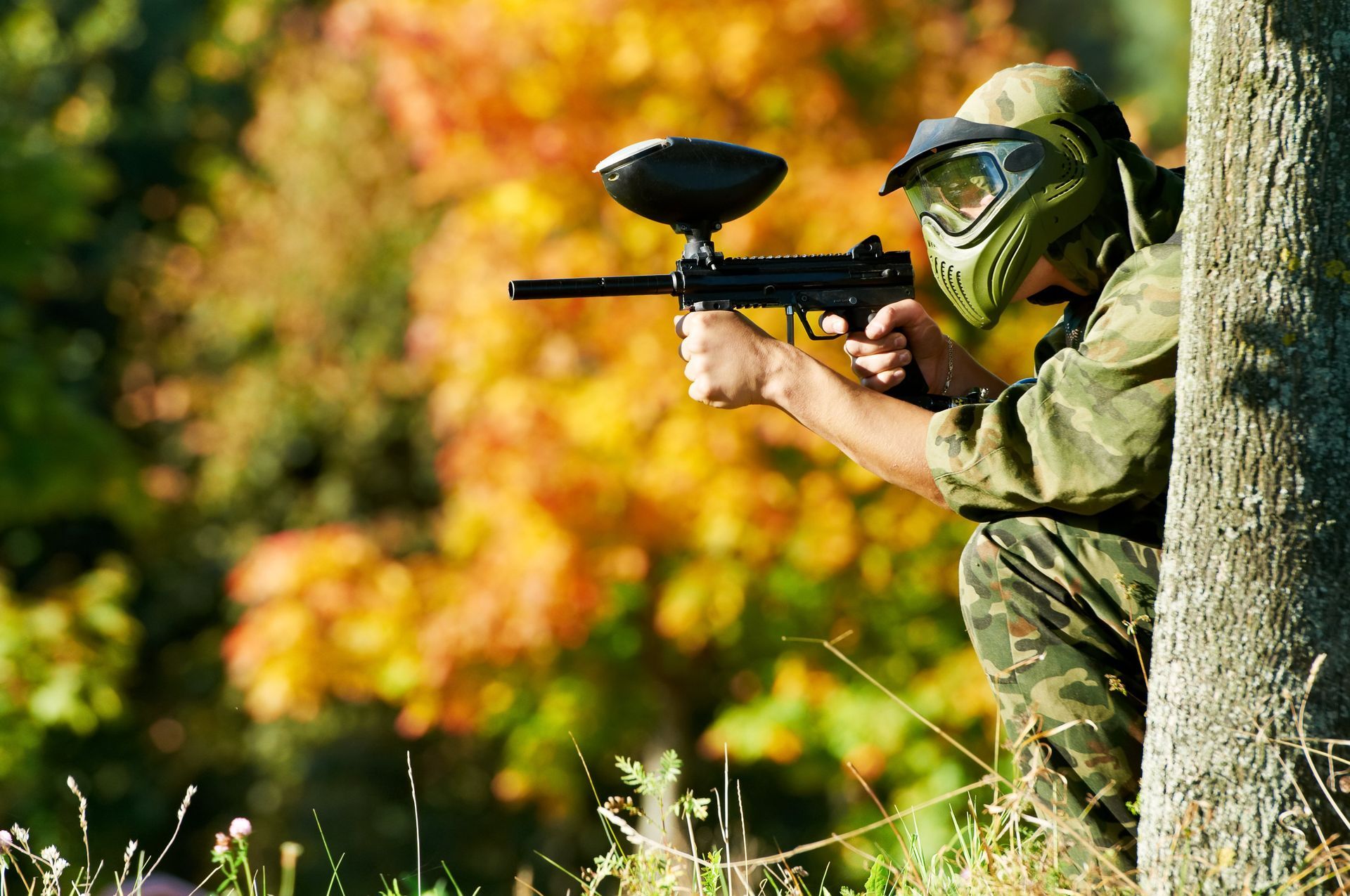 Paintball player in camouflage aiming a marker from behind a tree in an autumn field