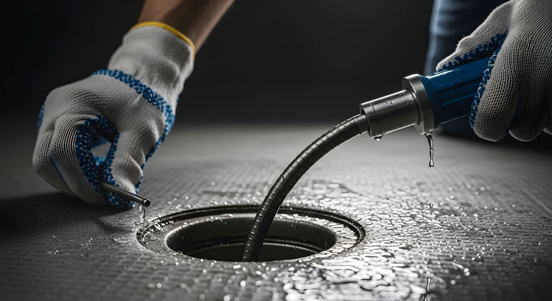 Gloved hands using a drain snake to clear a wet floor drain. Gloved hands using a drain snake to clear a wet floor drain.