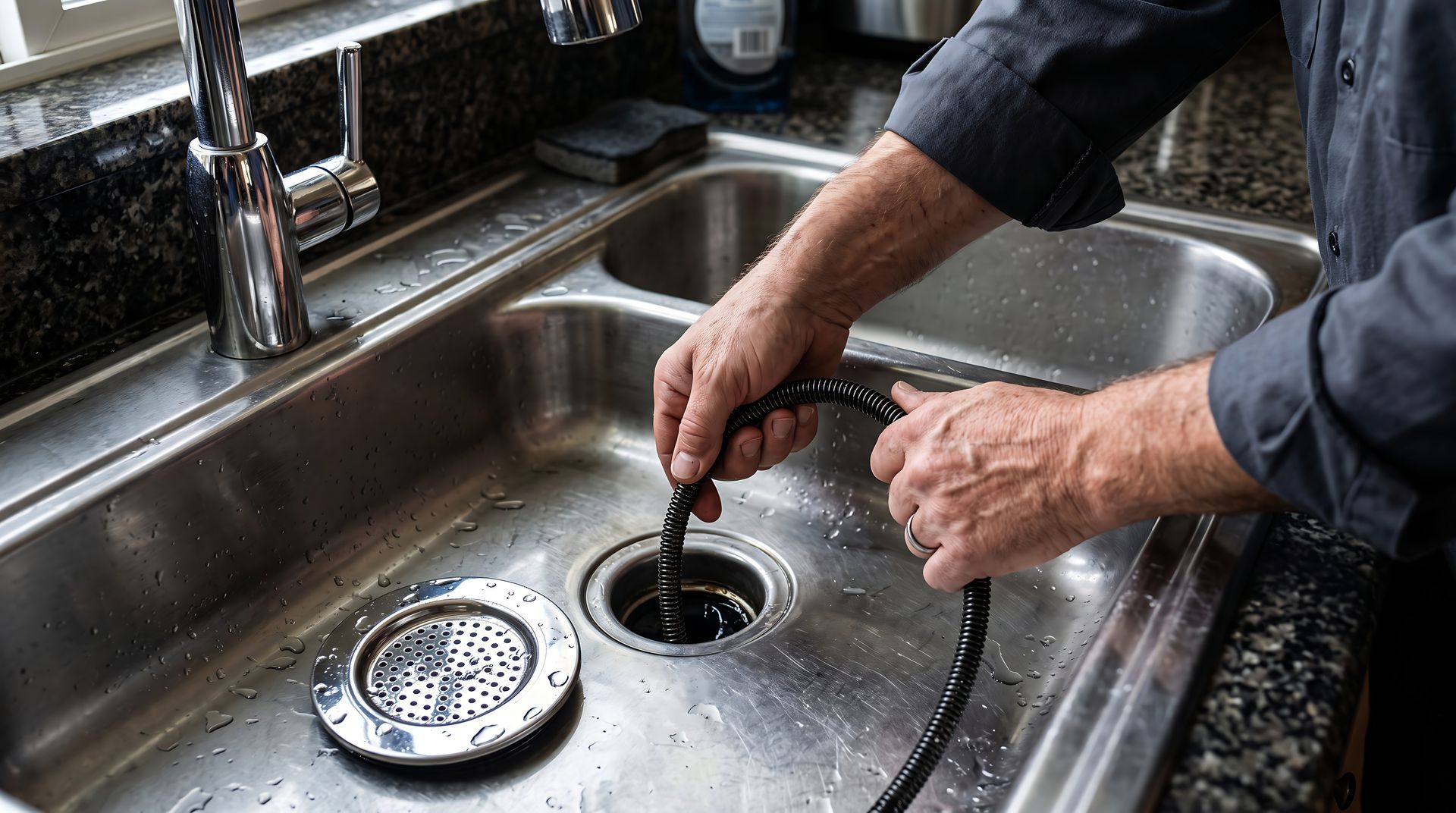 Plumber feeding a drain snake into a stainless steel kitchen sink drain.