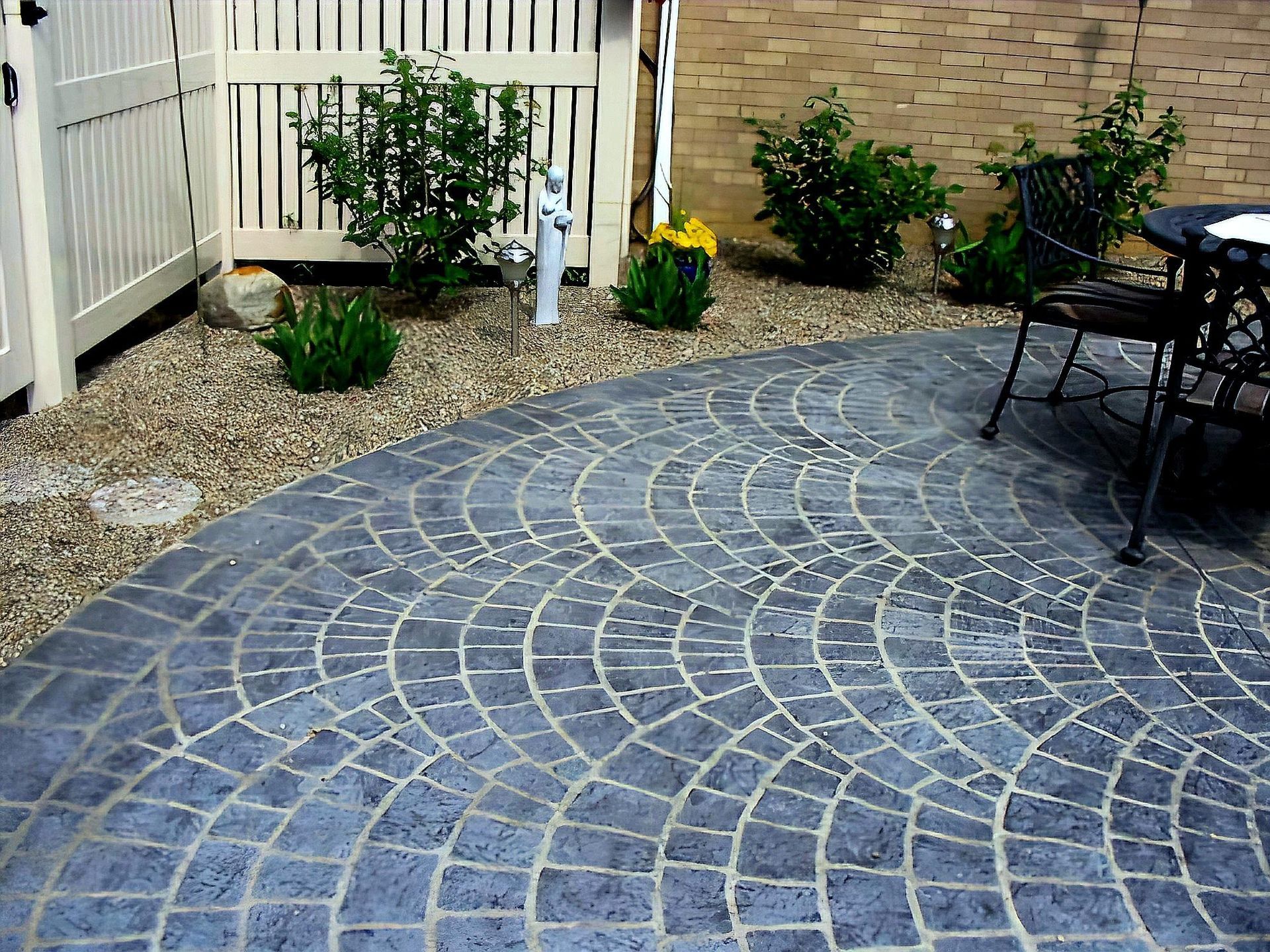 A variation of stencilled concrete finishes, using different patterns and colours.
