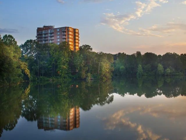 Lake and building view at Lake Arbor Towers.