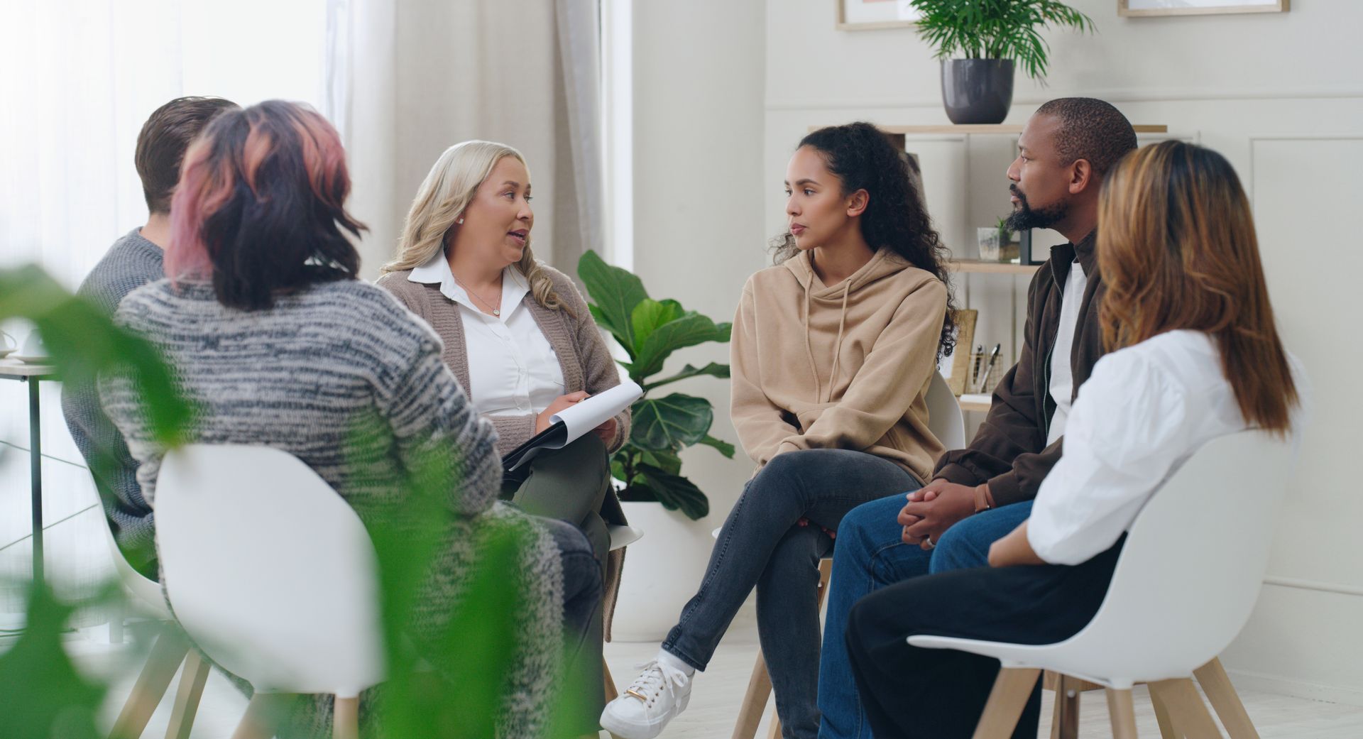 Group therapy at a mental health counseling center. Group therapy at a mental health counseling center.