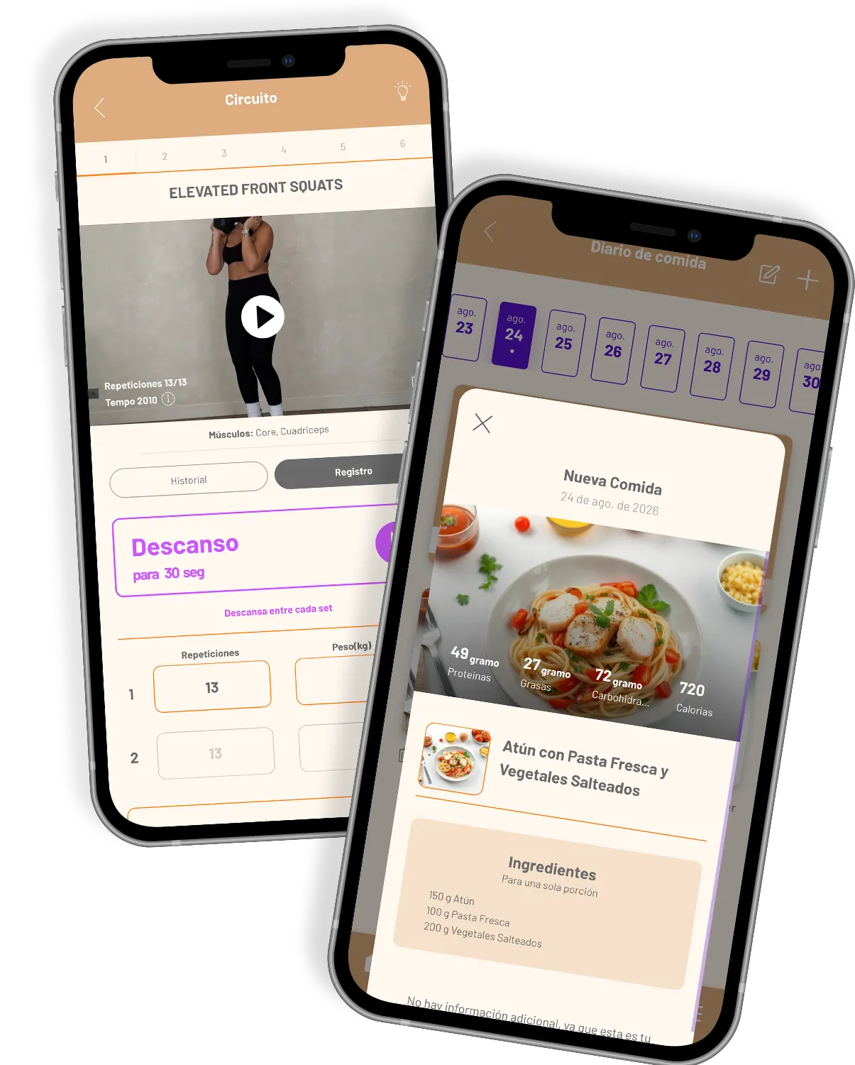 Overlapping fitness app screens with workout videos and schedule forms on a purple and beige interface