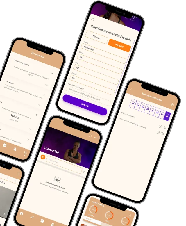 Collage of smartphone app screens with purple and orange accents showing forms, a calendar, and dashboard views