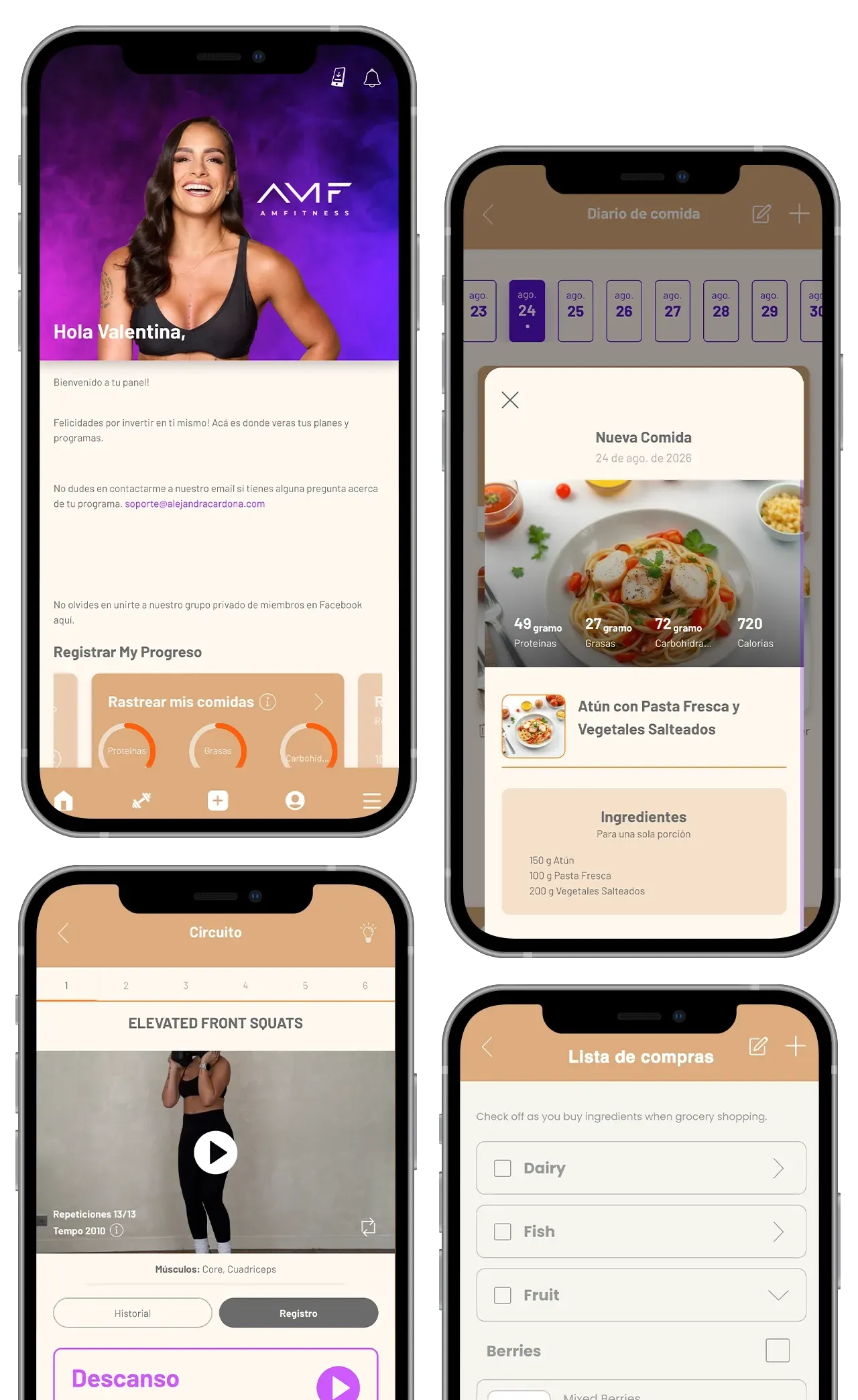 Four smartphone screens showing a purple and beige food-ordering or recipe app interface
