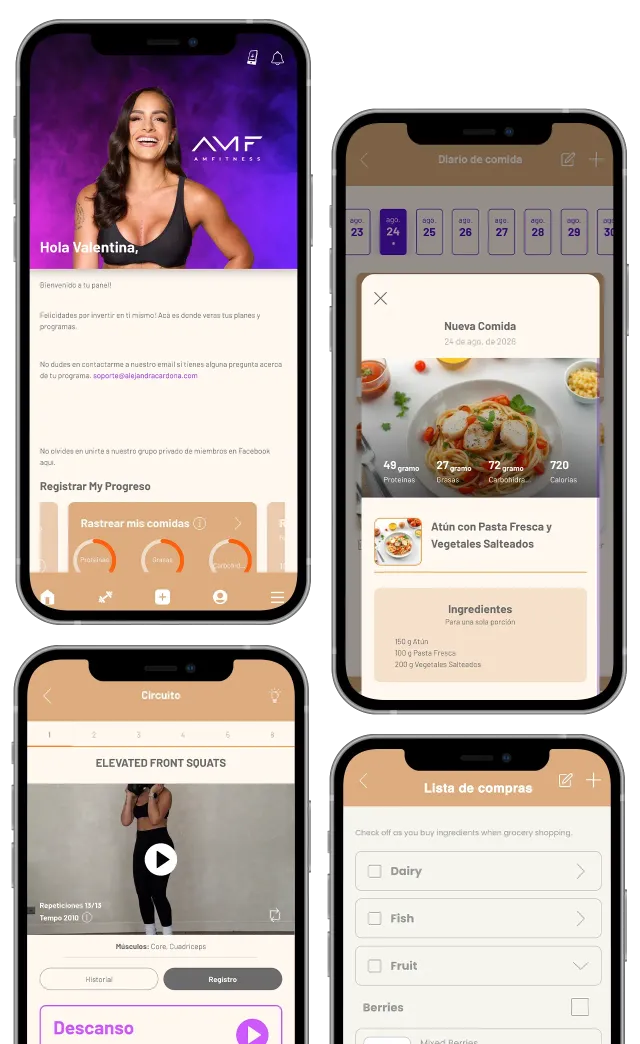 Collage of four smartphone app screens for music, recipes, video, and forms in purple and beige themes