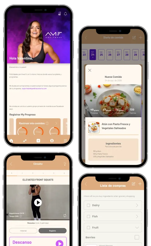 Four smartphone screens showing a purple and beige food-ordering or recipe app interface