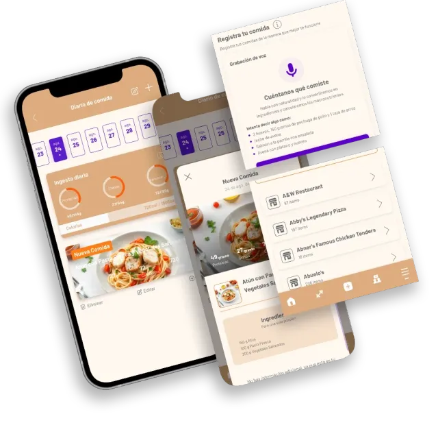 Three overlapping mobile app screens with beige and purple UI, showing food and menu pages.