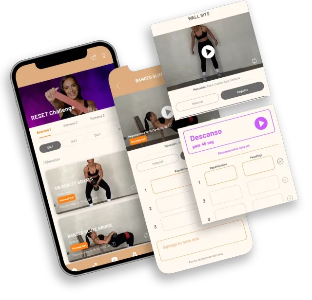 Overlapping fitness app screens with workout videos and schedule forms on a purple and beige interface