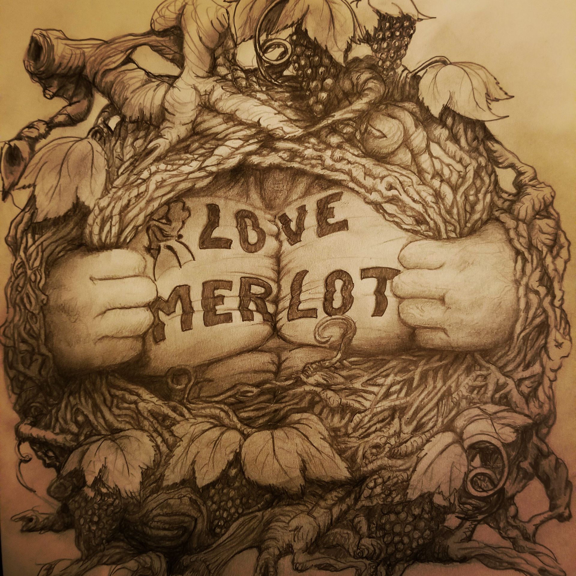 Sepia tattoo-style art of hands pulling apart bark, revealing the words “LOVE MERLOT” surrounded by leaves.