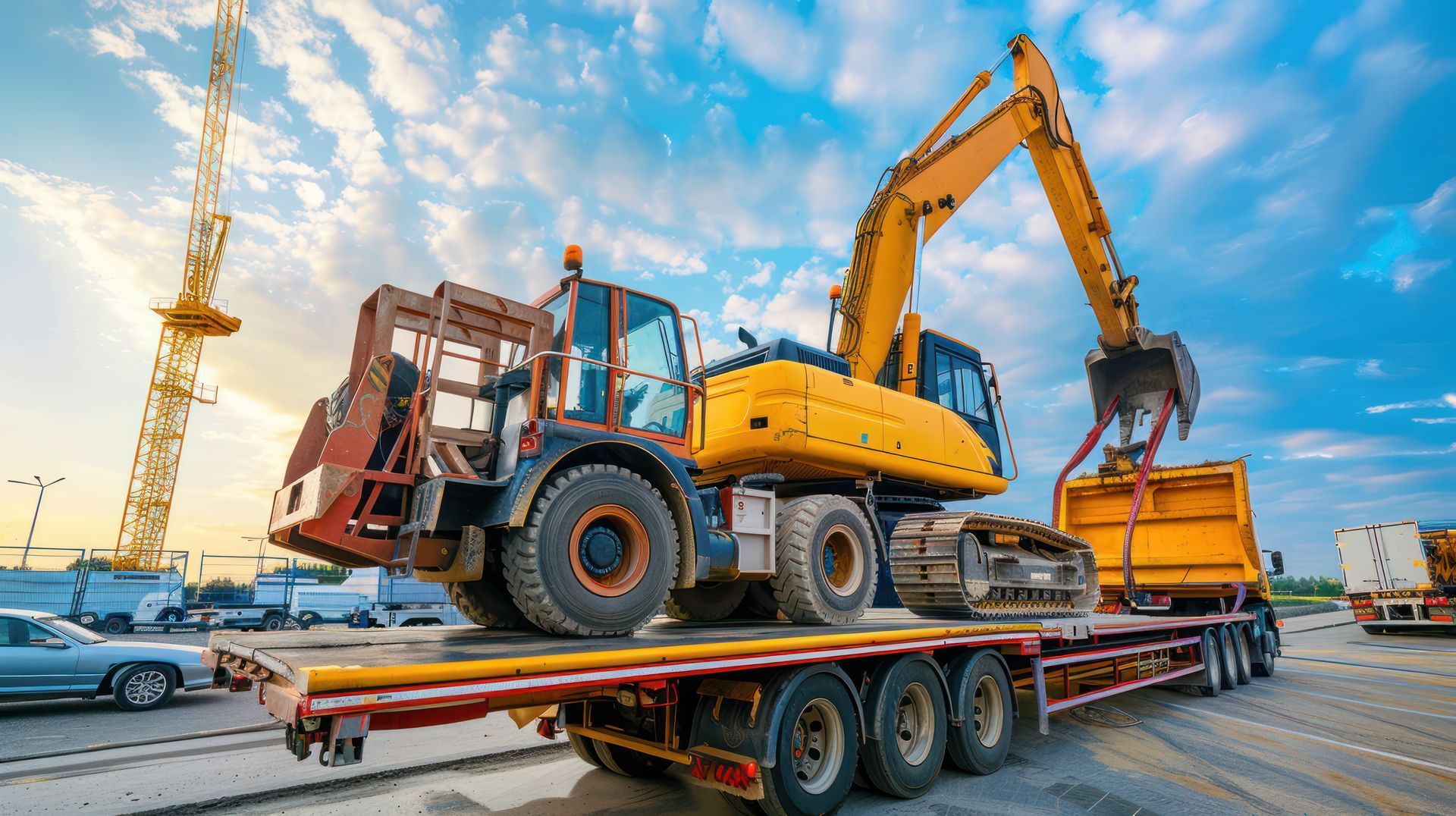 Two yellow backhoe loaders secured on a flatbed trailer being hauled by a white semi-truck. Two yellow backhoe loaders secured on a flatbed trailer being hauled by a white semi-truck.