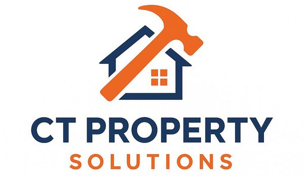 Logo: a blue house with an orange hammer, 