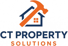 Logo: a blue house with an orange hammer, 