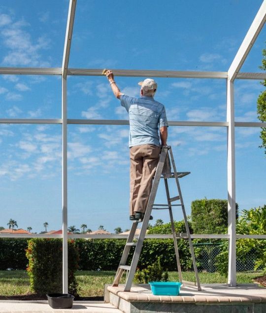 Man on a ladder washes a screen enclosure under a blue sky, with greenery and houses in the background.