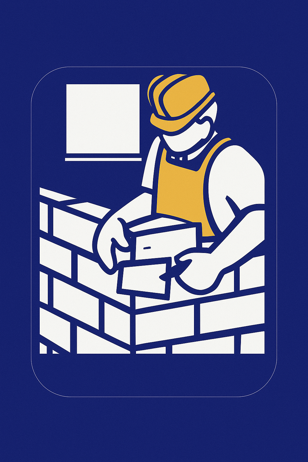 Un ouvrier portant un casque et un tablier pose des briques. Un mur de briques blanches et une fenêtre sont visibles en arrière-plan.