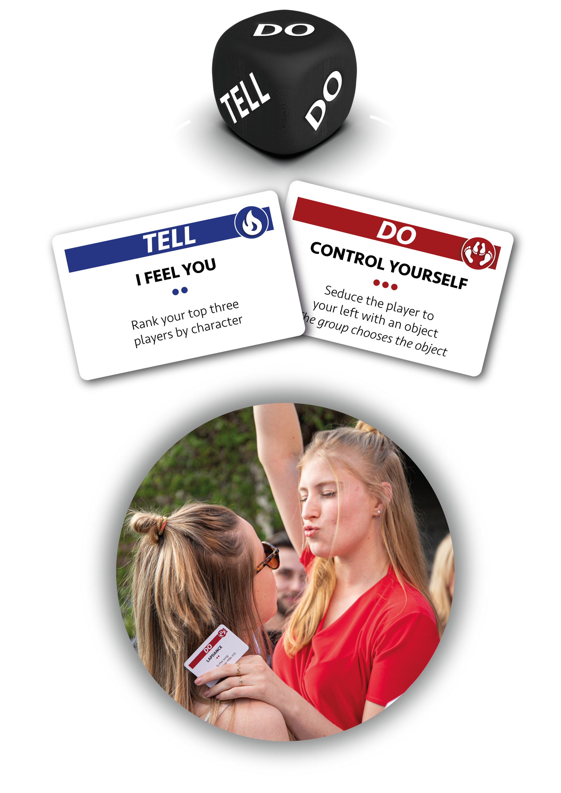 DON'T TELL dice & cards for exciting party game experience