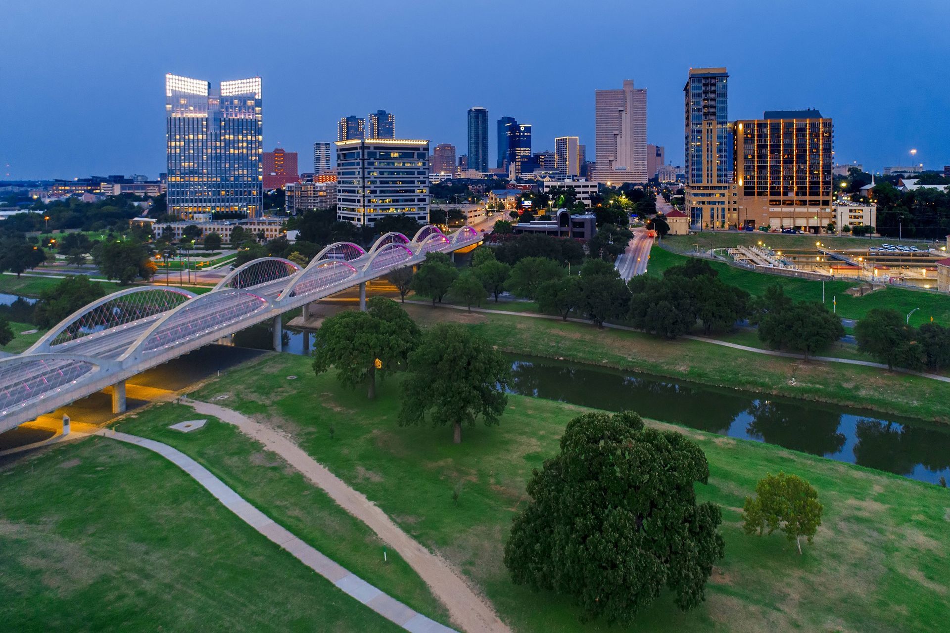 Skyline view of downtown Fort Worth, TX, during the evening near Southlake, TX