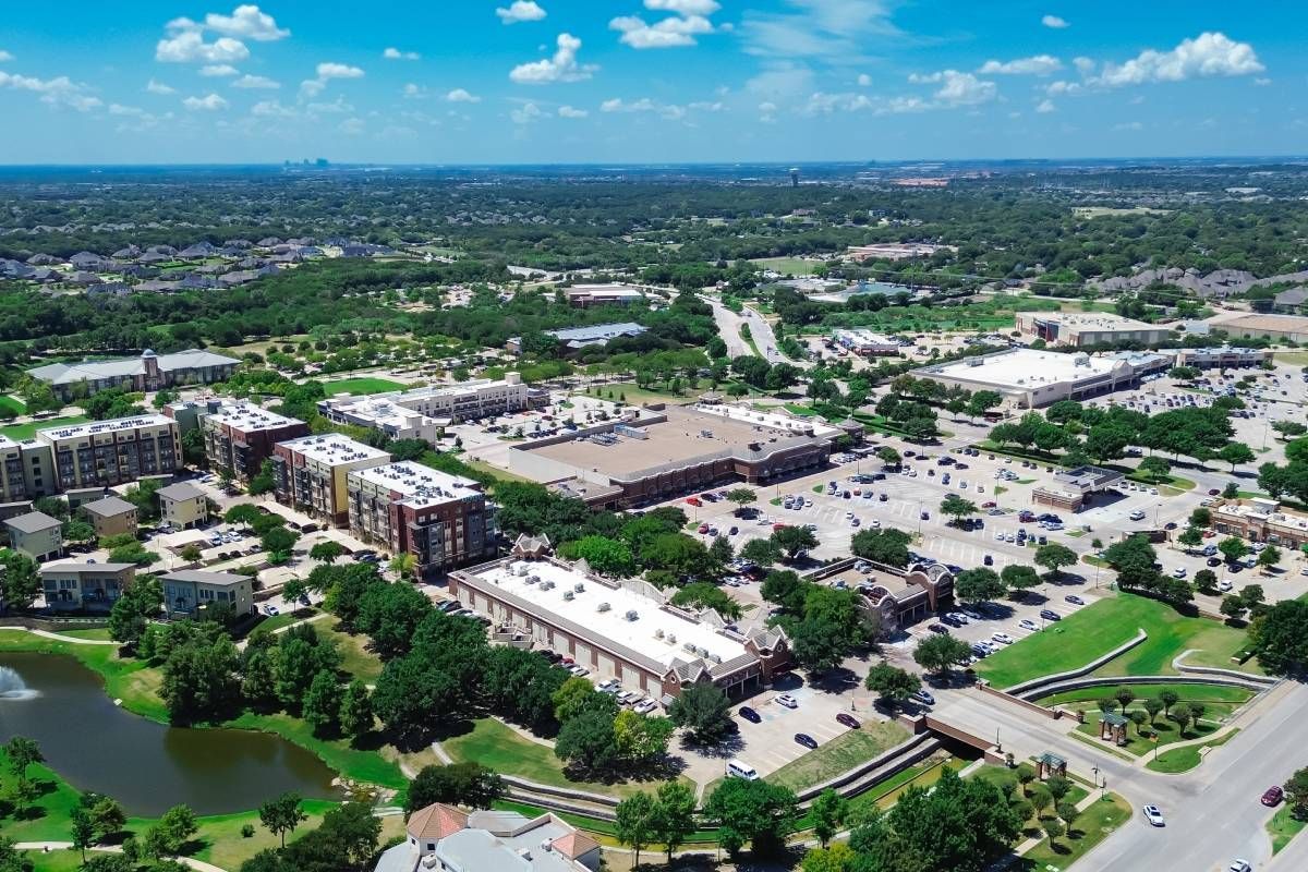 Aerial view of growing suburbs around downtown Keller, TX.