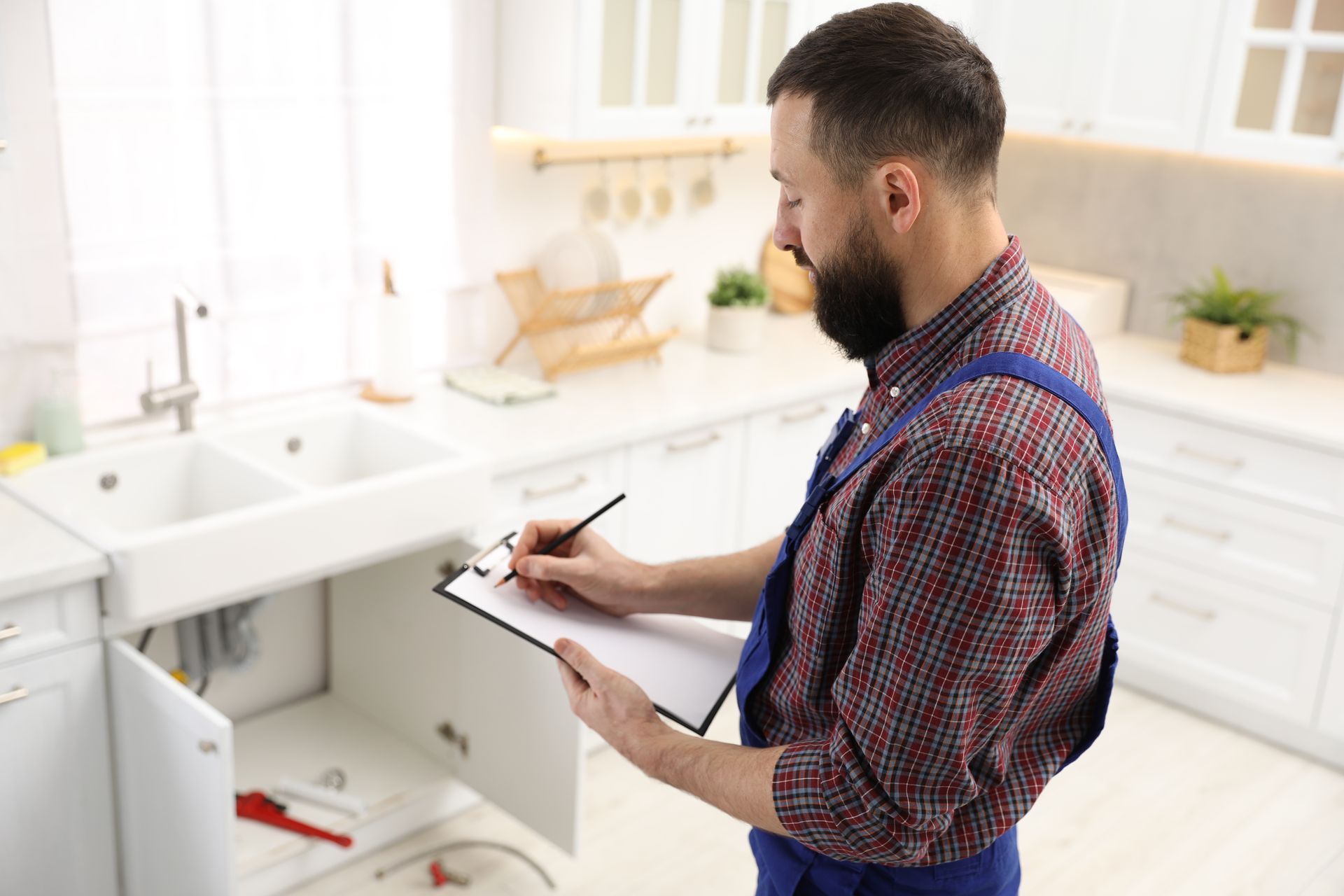 Plumber wearing a uniform while writing on a clipboard in kitchen